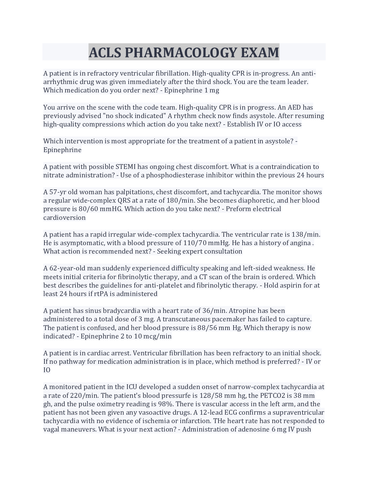 Preview image for QUESTIONS AND ANSWERS ACLS PHARMACOLOGY EXAM